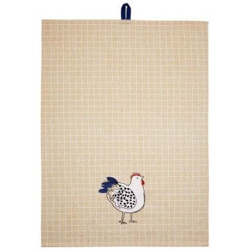 Beiges Küchentuch mit weißem Karomuster und einer Hühnerillustration in der unteren Hälfte. Oben eine blaue Schlaufe zum Aufhängen.