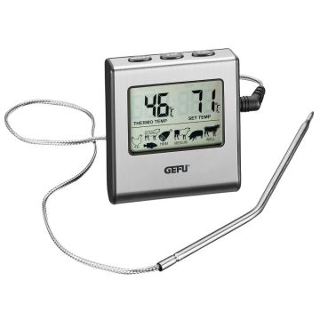 Digitales Bratenthermometer mit Display zeigt aktuelle Temperatur 46 Grad Celsius und Zieltemperatur 71 Grad Celsius an Temperatursonde mit Kabel Tasten oben Fleischsymbole und Garstufen unten auf dem Display