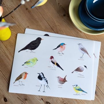 Platzsets mit Illustrationen von Vögeln auf Holzuntergrund: Amsel, Buchfink, Hausrotschwanz, Grünfink, Stieglitz, Rotkehlchen, Bachstelze, Zaunkönig, Mönchsgrasmücke, Blaumeise. Im Hintergrund gelbe Vase und blau-gelbes Geschirr.
