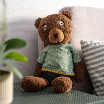 Brauner Plüschbär mit grüner Kleidung sitzt auf einem Sofa, daneben ein gestreiftes Kissen und grüne Pflanze im Vordergrund.