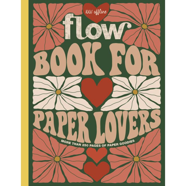 Cover des Buches "Flow Book for Paper Lovers" mit retro-inspiriertem Design, gro&szlig;en floralen Mustern in Rot und Wei&szlig;, Herzmotiven und einem gr&uuml;nen Hintergrund. Text: "100% offline, mehr als 250 Seiten mit Papier-Goodies".