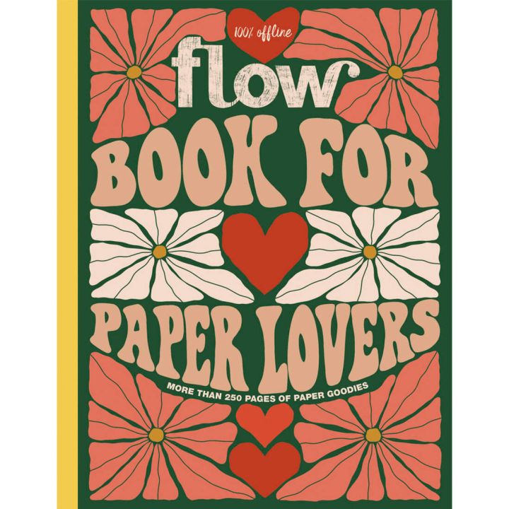 Cover des Buches "Flow Book for Paper Lovers" mit retro-inspiriertem Design, gro&szlig;en floralen Mustern in Rot und Wei&szlig;, Herzmotiven und einem gr&uuml;nen Hintergrund. Text: "100% offline, mehr als 250 Seiten mit Papier-Goodies".