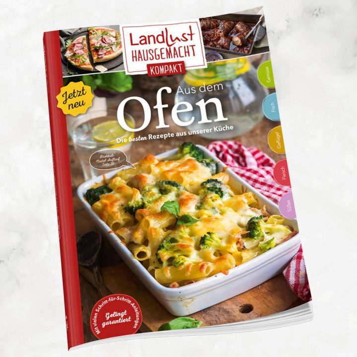 Eine Zeitschrift mit dem Titel &bdquo;Landlust Hausgemacht Kompakt: Aus dem Ofen&ldquo; zeigt eine Auflaufform mit &uuml;berbackenen Nudeln und Brokkoli. Das Cover ist rot und bewirbt neue Ofenrezepte. Siegel &bdquo;Gelingt garantiert" ist unten abgebildet.