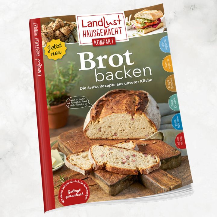 Kochbuch "Landlust Hausgemacht Kompakt: Brot backen" mit Rezepten, Abbildung eines angeschnittenen Laibs Brot auf Holzbrett, gelber "Jetzt neu"-Sticker, roter Rand, Kategorienangaben und Schritt-f&uuml;r-Schritt-Anleitungen auf Cover sichtbar.