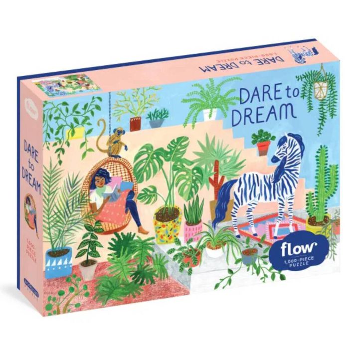 Verpackung eines 1000-teiligen Puzzles mit dem Titel "Dare to Dream". Motiv zeigt sitzende Person in H&auml;ngesessel, umgeben von Pflanzen, einem Zebra und einem Affen. Marke "Flow" unten rechts.