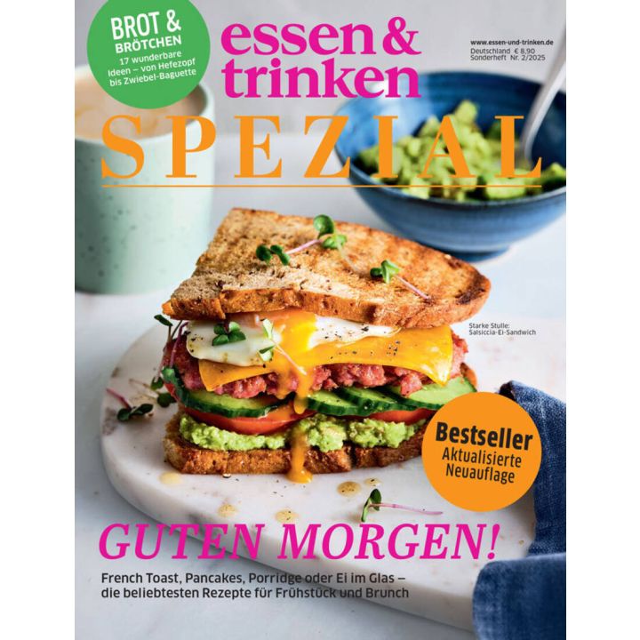Titelseite des Magazins „essen & trinken SPEZIAL“ mit einem belegten Sandwich aus Brot, Ei, Avocado und Gemüse, Texten zu Frühstücksrezepten, Sonderheftnummer, Preisangabe und einem Bestseller-Hinweis in deutscher Sprache.