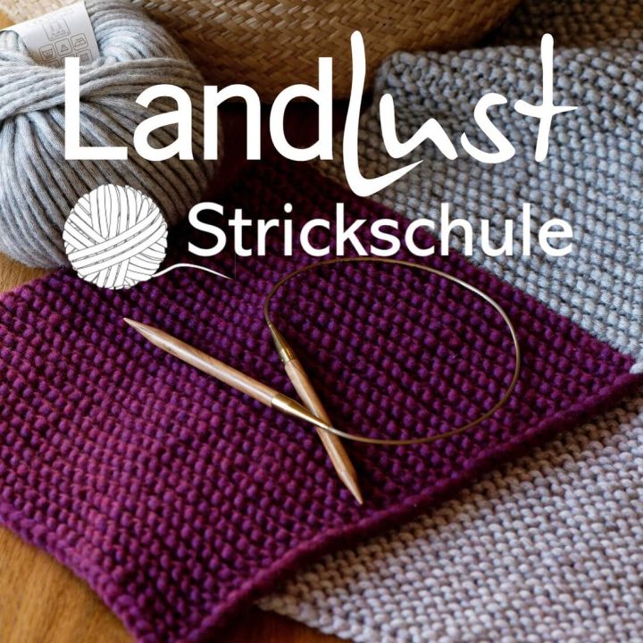 Wollknäuel, Stricknadeln und gestrickte Stoffmuster in Lila und Grau, abgebildet mit dem Text "Landlust Strickschule".