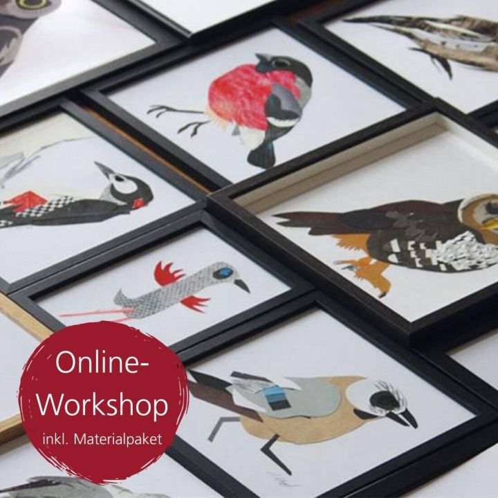 Mehrere gerahmte Vogelcollagen liegen auf einem Tisch. Eine rote Grafik in der Ecke kündigt einen „Online-Workshop inkl. Materialpaket“ an.
