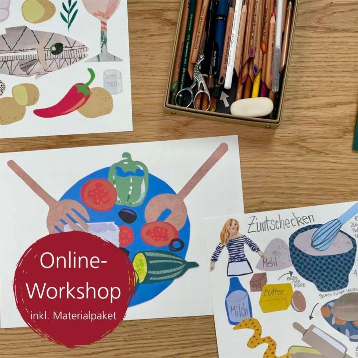 Online-Workshop-Ankündigung mit Collagen von Lebensmitteln, Rezeptzeichnungen und Zeichenmaterial auf Holztisch; roter Kreis mit Text „Online-Workshop inkl. Materialpaket“ unten links.