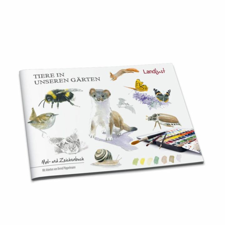 Querformatiges Mal- und Zeichenbuch mit dem Titel „Tiere in unseren Gärten“, zeigt gezeichnete Tiere wie Hummel, Wiesel, Vogel, Schmetterlinge, Schnecke, Käfer sowie Malutensilien; Verlag „Landlust“, mit Arbeiten von Bernd Pöppelmann.