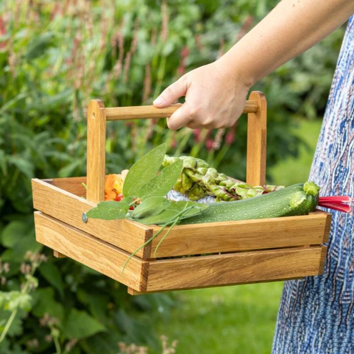 Holzkiste mit Griff, gefüllt mit frischem Gemüse, darunter Zucchini und Bohnen, wird von einer Person mit blau-gemustertem Kleid im Garten getragen.