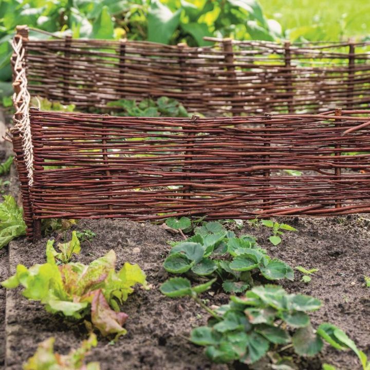Geflochtener Holzgartenzaun begrenzt ein Beet mit Erdbeerpflanzen und Salat auf dunkler Erde, im Hintergrund gr&uuml;ne Vegetation sichtbar.