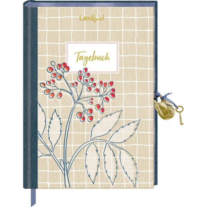 Abgebildet ist ein verschließbares Tagebuch mit floraler Illustration und rotem Beerendruck auf beigem Hintergrund mit Gittermuster, der Titel „Tagebuch“ steht mittig auf dem Cover, oben befindet sich der Schriftzug „Landlust“.