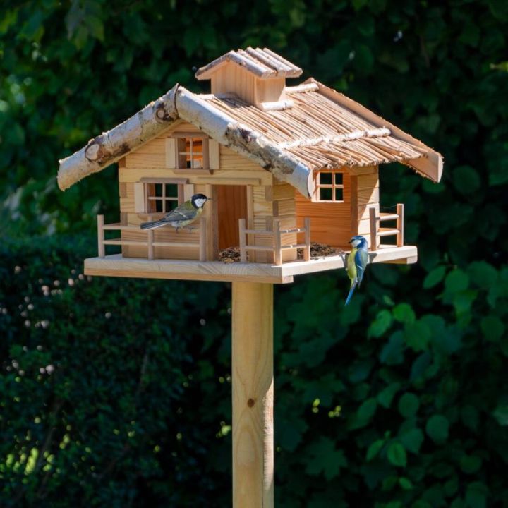 Holzvogelhaus auf Pfosten mit zwei V&ouml;geln im Garten. Details: H&ouml;lzerne Struktur, mit &Auml;sten dekoriertes Dach. V&ouml;gel sitzen auf der Plattform, Hintergrund aus gr&uuml;nen Bl&auml;ttern.