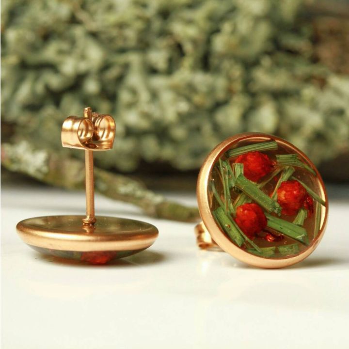 Zwei runde Ohrstecker mit goldfarbener Fassung, gef&uuml;llt mit klarem Harz, in dem gr&uuml;ne Grashalme und kleine rote Trockenblumen eingeschlossen sind; ein Stecker steht aufrecht, der andere liegt flach.