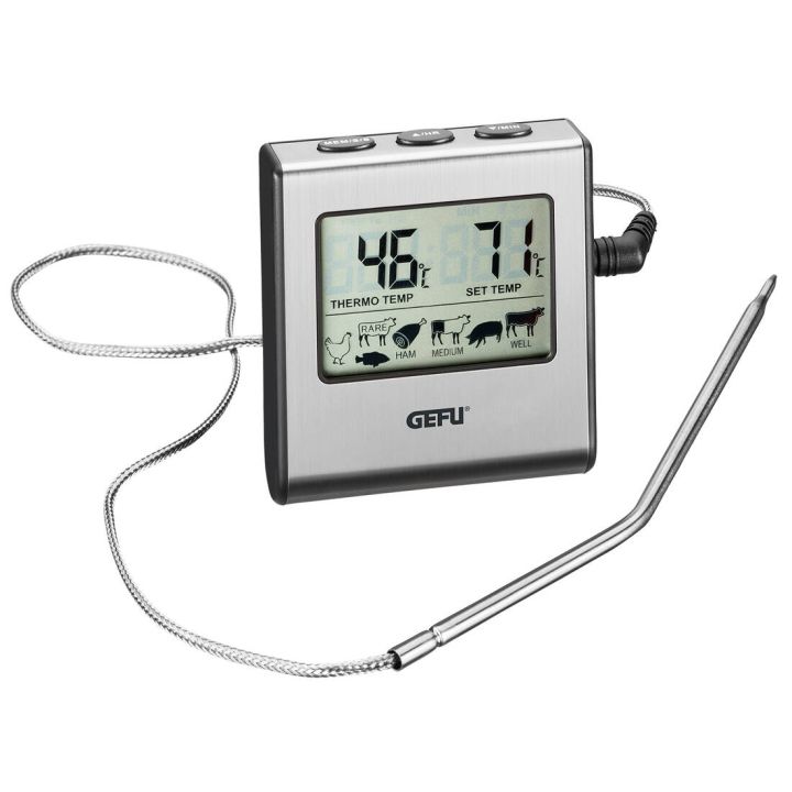 Digitales Bratenthermometer mit Display zeigt aktuelle Temperatur 46 Grad Celsius und Zieltemperatur 71 Grad Celsius an Temperatursonde mit Kabel Tasten oben Fleischsymbole und Garstufen unten auf dem Display