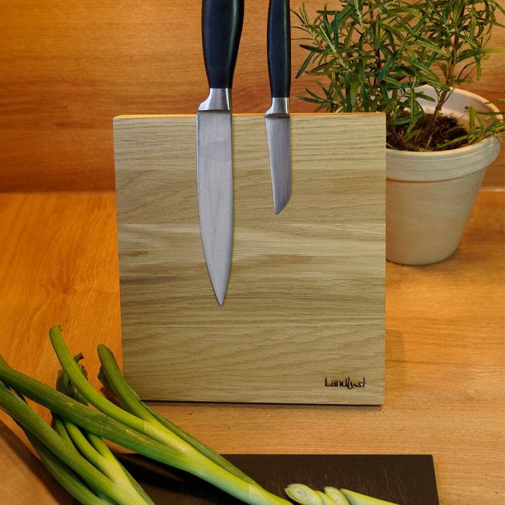 Holzblock mit magnetischer Front hält zwei Küchenmesser. Daneben liegt ein Bund Frühlingszwiebeln auf schwarzem Brett. Im Hintergrund ist ein Topf mit einer Pflanze. Holzoberfläche dominiert die Szene. Markenname "Landlust" auf dem Block.