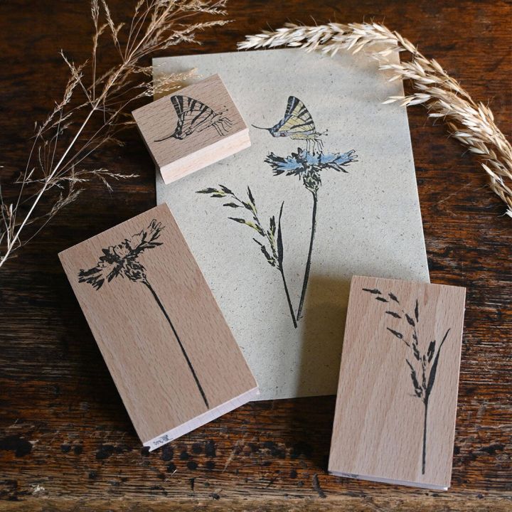Drei Holzstempel mit Motiven einer Blume, einem Schmetterling und Grashalmen liegen auf einem Papier mit gedruckter Blume und Schmetterling. Trockene Grashalme sind als Dekoration arrangiert.