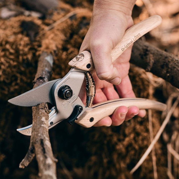 Eine Hand benutzt eine Astschere mit Holzgriff, um einen Ast zu schneiden. Auf dem Griff steht "Original LÖWE". Die Schere hat eine silberne Klinge und wird vor einem unscharfen, natürlichen Hintergrund gehalten.