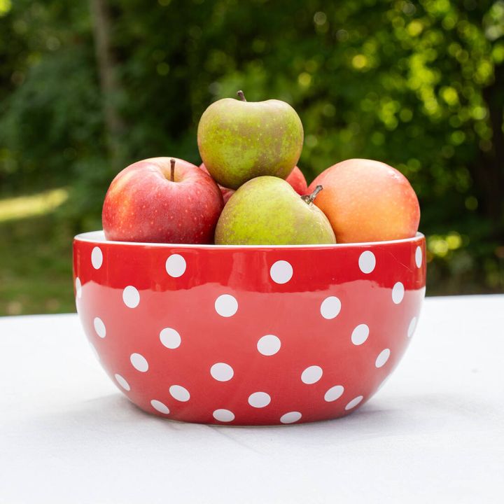 Rote Schale mit wei&szlig;en Punkten, gef&uuml;llt mit roten und gr&uuml;nen &Auml;pfeln, glatte Oberfl&auml;che, Hintergrund gr&uuml;n und unscharf.