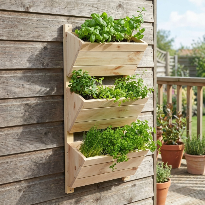 Vertikaler Holzpflanzer mit drei schr&auml;gen Pflanzk&auml;sten, an einer dunkelgrauen Wand montiert, bepflanzt mit verschiedenen K&uuml;chenkr&auml;utern wie Basilikum, Petersilie und Schnittlauch.