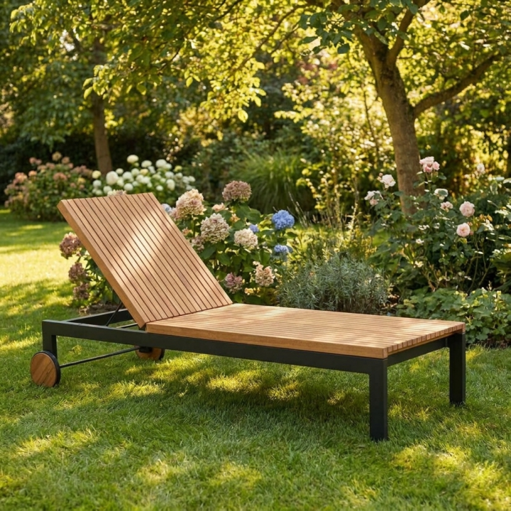 Verstellbare Gartenliege aus Holz mit schwarzem Metallrahmen, zwei Holzr&auml;dern und einer verstellbaren R&uuml;ckenlehne in einem gr&uuml;nen Sommergarten.