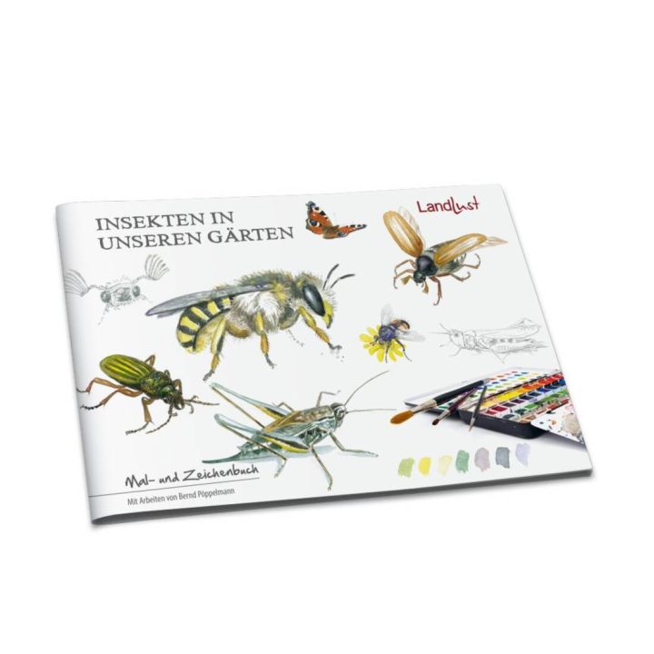 Illustration eines Mal- und Zeichenbuchs mit dem Titel "Insekten in unseren Gärten" von Landlust. Bunt gezeichnete Insekten und ein Aquarellkasten mit Pinseln sind abgebildet. Künstler: Bernd Pöppelmann.