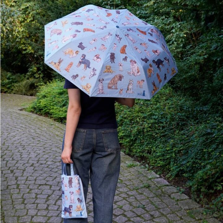 Person auf gepflastertem Weg h&auml;lt blauen Regenschirm mit Hundemotiven, dazu passende Tragetasche, gr&uuml;ne Pflanzen im Hintergrund.