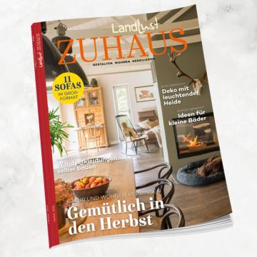 Zeitschrift "Landlust Zuhause" mit herbstlichem Thema. Cover zeigt einen gemütlichen Wohnraum mit Kamin. Titelthemen: Sofas, Wanderkleidung, Deko mit Heide, Ideen für kleine Bäder. Ausgabe Herbst 2023.