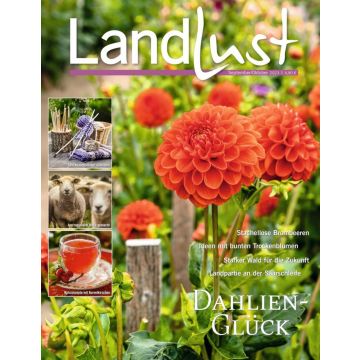 Titelbild einer Zeitschrift "Landlust" für September/Oktober 2023. Abgebildet: Leuchtend orangefarbene Dahlien im Garten. Themen: Stachellose Brombeeren, Trockenblumen-Ideen, Waldschutz, Saarland-Tour. Zusätzlich: Stricknadeln, Schafe, Kornelkirschen.