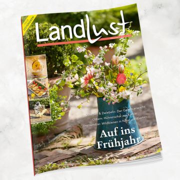 Titelbild der Zeitschrift „Landlust“ März/April 2024 mit Blumenstrauß in Vase, Titel „Auf ins Frühjahr“, Themen wie Gartenpflege, Ostern und Wildbienen; linke Randspalte zeigt vier kleine Vorschau-Bilder zu Artikeln.