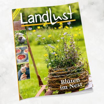 Zeitschrift "Landlust", Ausgabe März/April 2024. Titelbild zeigt ein Blumenkorb-Nest mit gelben und blauen Blüten auf grünem Hintergrund. Linke Bildseite: Bilder von Küken, Fruchtrezepten und Eierspeisen.
