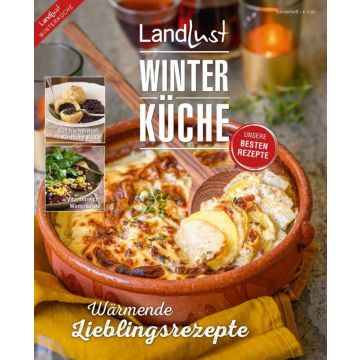 Titelbild eines Kochmagazins „Landlust Winterküche“ zeigt einen überbackenen Auflauf in einer Terrakotta-Schale, begleitet von zwei kleineren Bildern mit Klößen und Wintersalat. Text: „Unsere besten Rezepte“, „Wärmende Lieblingsrezepte“.