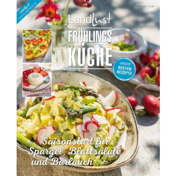 Zeitschrift "Landlust Frühlingsküche" mit Titel "Saisonstart für Spargel, Blattsalate und Bärlauch". Das Cover zeigt Salat mit Spargel, Radieschen und Kartoffeln, sowie kleine Bilder von Flammkuchen und Erdbeer-Dessert. Preis: 5,80 €.