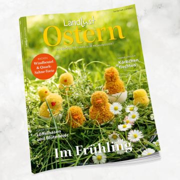 Magazin „Landlust Ostern“ mit Frühlingswiese, gelben Pompon-Küken, Gänseblümchen; Titeltexte zu Backrezepten, Bastelideen und Dekorationen für Ostern; Preisangabe 5,50 Euro oben rechts.









