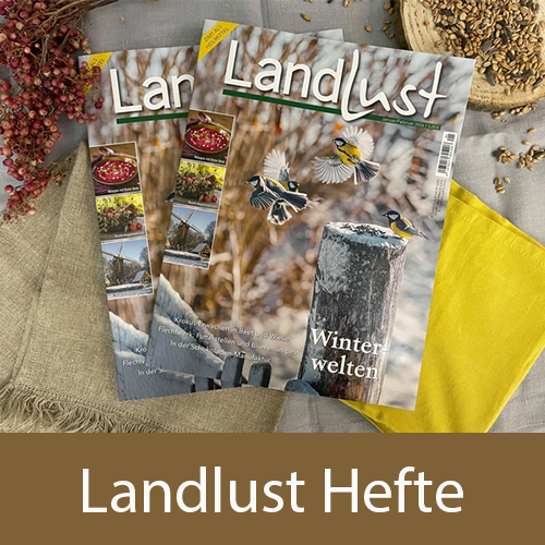 Eine Gruppe von „Landlust“-Magazinen liegt auf einem grauen Untergrund, umgeben von unterschiedlichen Stoffen, Sträuchern und Vogelfutter. Bild verlinkt zu den Landlust Heften.