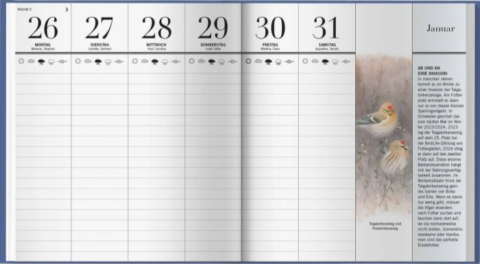 Eine Wochenübersicht im Januar. Neben den Kalendertagen sind auch noch Vogelinfos abgebildet