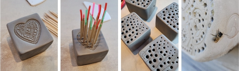 Collage aus vier Bildern mit grauen Tonw&uuml;rfeln, Herzmuster, farbigen St&auml;ben, Lochmuster und einer Biene auf strukturierter Fl&auml;che.