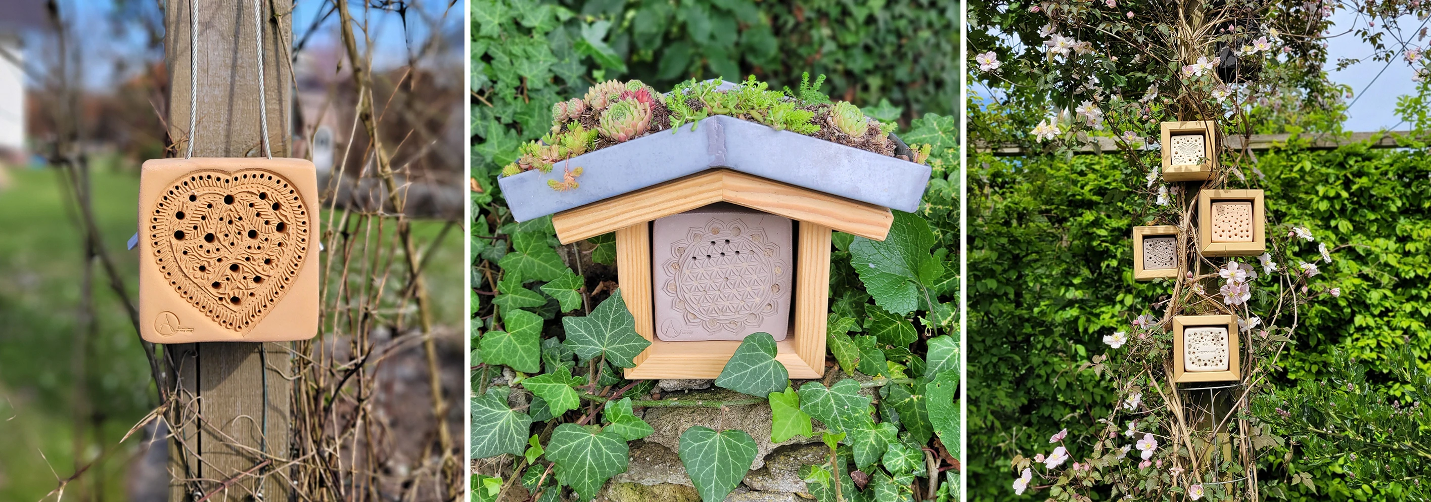 Collage aus drei Bildern mit Insektenhotels aus hellem Holz, teils herzf&ouml;rmig, umgeben von gr&uuml;nen Pflanzen und Blumen.