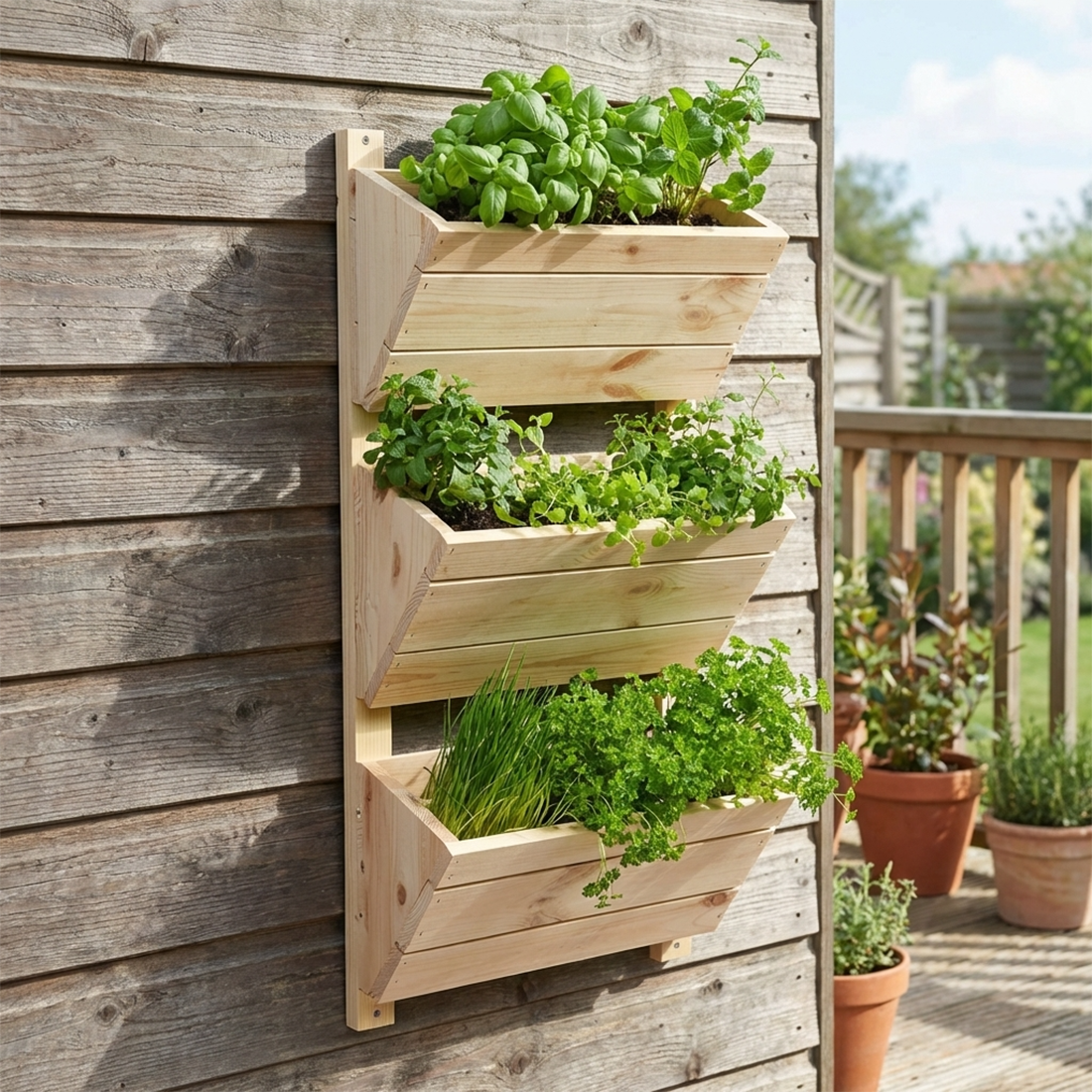 Wandbeet mit drei hellen Holzk&auml;sten, bepflanzt mit gr&uuml;nen Kr&auml;utern vor einer dunkelgrauen Holzwand.