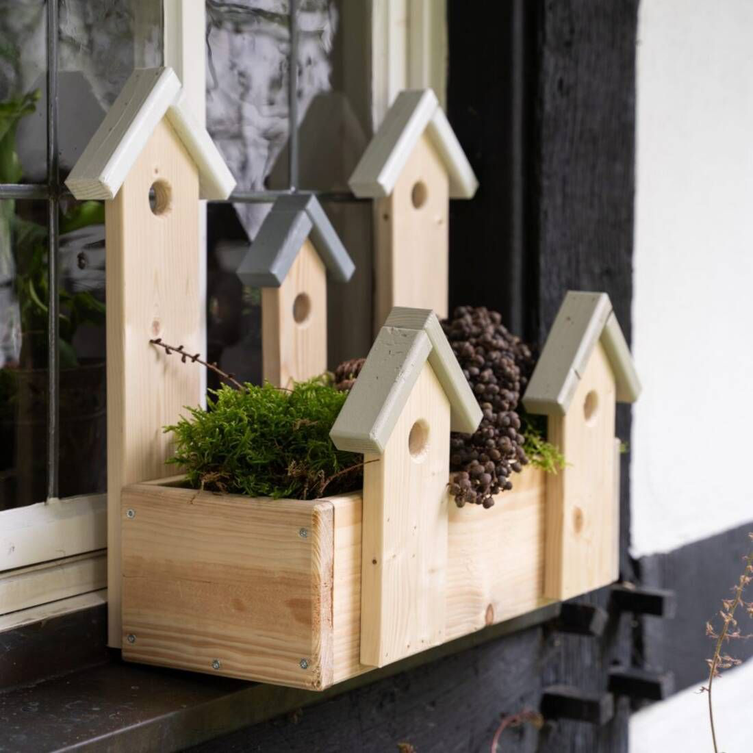 Holz Blumenkasten mit hellen Vogelhausformen, bepflanzt mit gr&uuml;nen Moosen und braunen Zapfen vor dunkler Fensterfront.