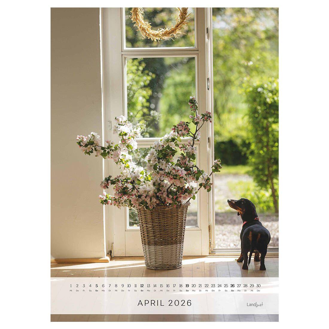 Das Kalenderblatt April zeigt einen kleinen, schwarzen Hund, der vor einer Terrassentür steht. Neben ihm steht eine große Blumenvase. Im Hintergrund ist der grüne Garten zu erahnen.