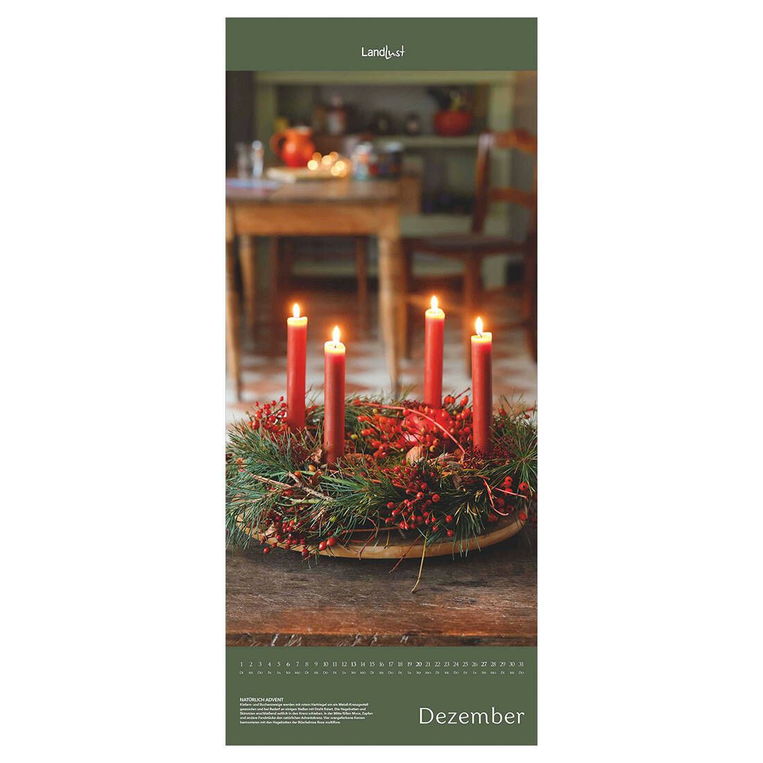 Das Kalenderblatt im Dezember zeigt einen rot-grünen Adventskranz mit vier roten brennenden Kerzen.