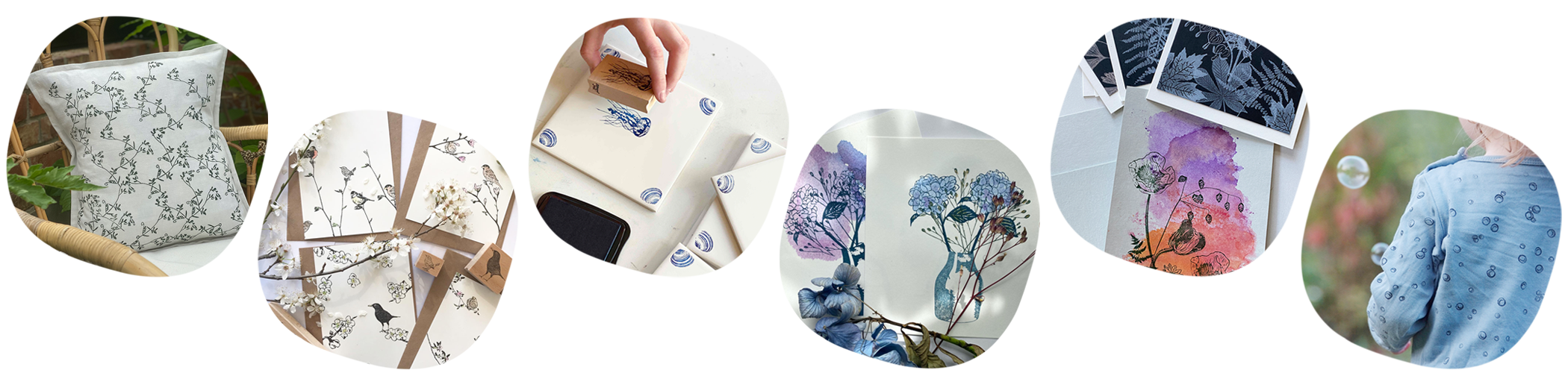 Mehrere organisch gerahmte Bilder zeigen gestempelte Naturmuster auf Kissen, Karten, Keramik und Kleidung als Inspiration f&uuml;r kreative Druckprojekte.