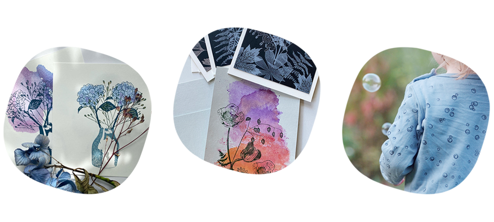 Mehrere organisch gerahmte Bilder zeigen gestempelte Naturmuster auf Kissen, Karten, Keramik und Kleidung als Inspiration f&uuml;r kreative Druckprojekte.