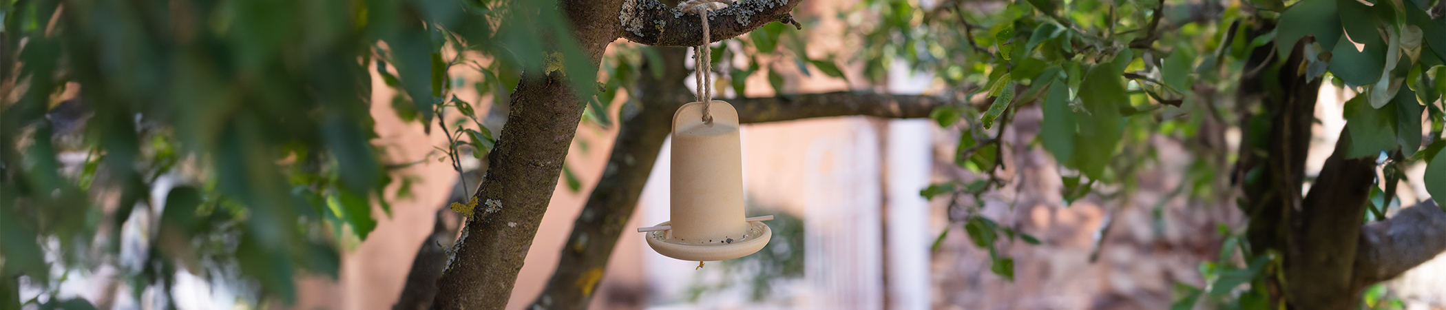Headerbild Neuheiten zeigt Insektenhaus aus Keramik mit Tr&auml;nke in einem Baum h&auml;ngend, im Hintergrund ist unscharf eine Fassade erkennbar.