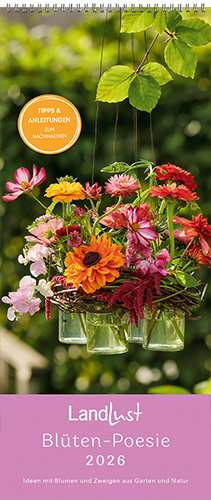 Auf dem Blüten-Poesie-Kalender sind gläserne Hängevasen mit bunten Blumen abgebildet.