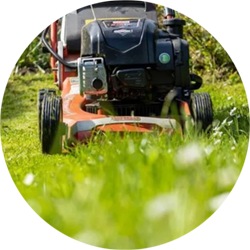 Ein orangener Rasenm&auml;her steht auf einem Rasen.