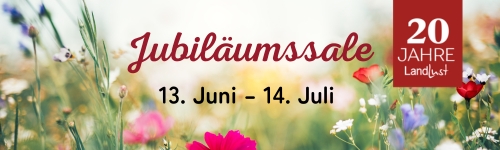 Landlust Jubiläumssale: 13. Juni - 14. Juli | Eine Wildblumenwiese im Hintergrund, Text: "Landlust Jubiläumssale: 13. Juni - 14. Juli" + 20 Jahre Landlust-Jubiläumslogo