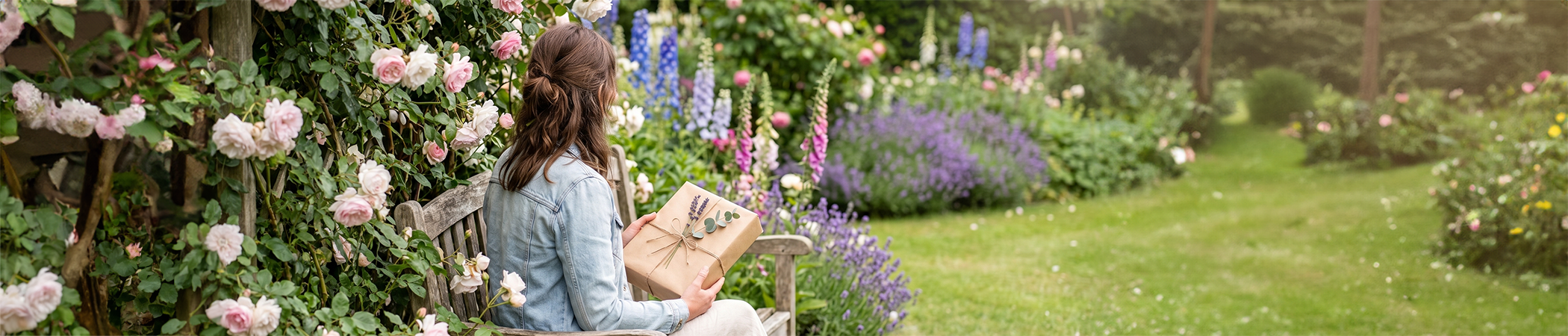 Eine Person sitzt in einem Garten auf einer Holzbank und hält ein hübsch dekoriertes Geschenk in der Hand.